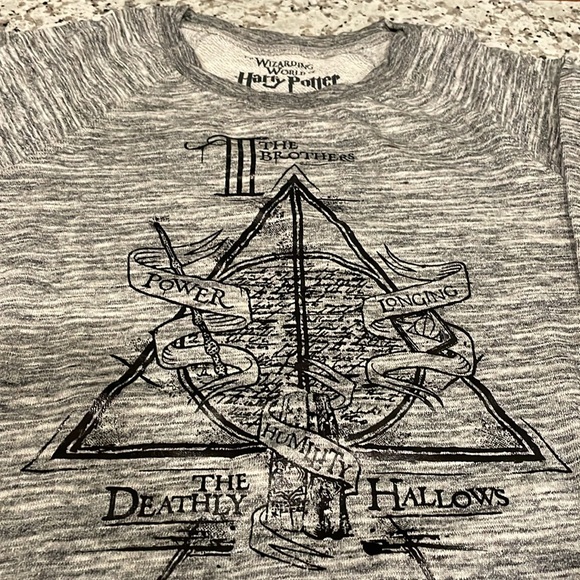 Harry Potter The Deathly Hollows light heathered gray terry-back sweater NWT XS - Picture 3 of 11